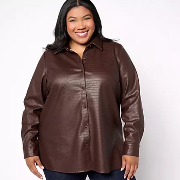 Dennis Basso Textured Alligator Faux Leather Button Shirt - Size: XS - NWT - Picture 1 of 16